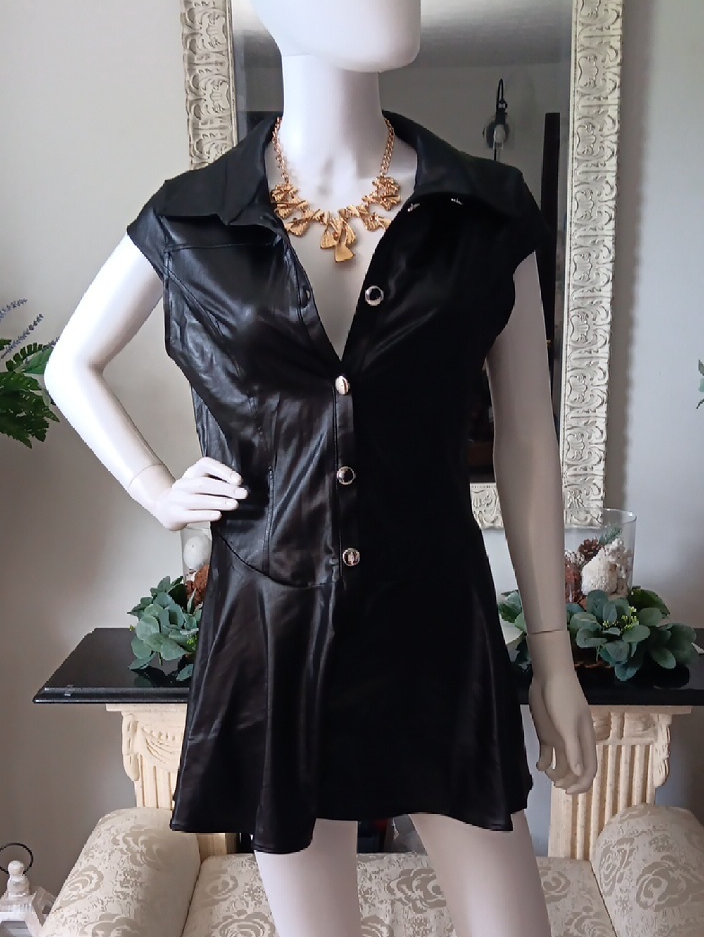 Black Faux Leather Button-Front Romper